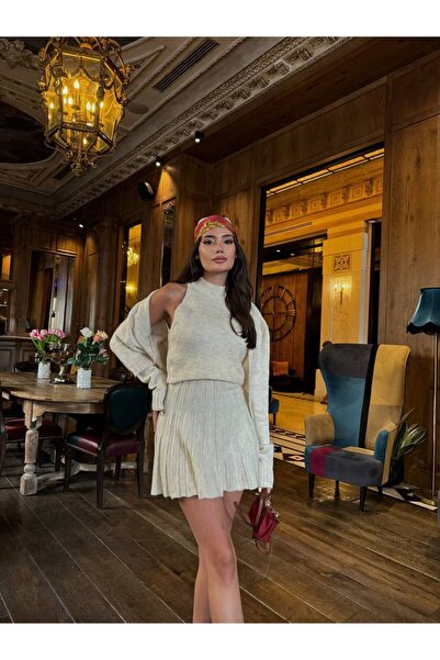 ZF BUTİK Nulla ujjú blúz-kardigán-redős szoknya 3 részes kötött női kötöttáru szett