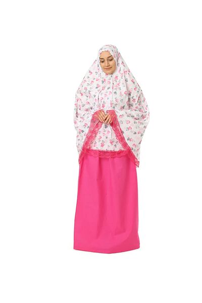skycott Women's Prayer Dress Small Heart Printed Lace Detailed Head Scarf and Skirt Set