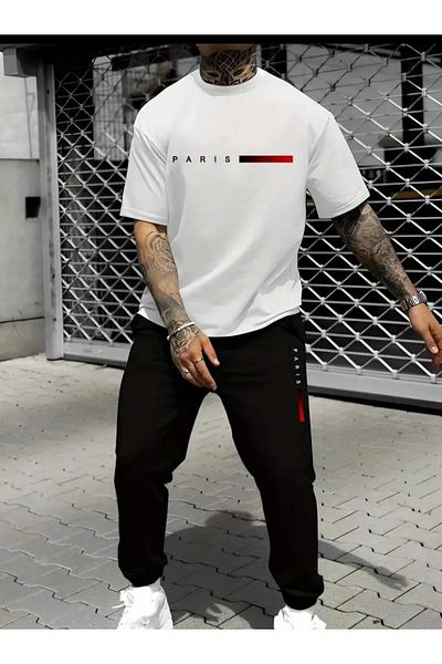 CAST COLLECTİON Men's White Paris Printed Tracksuit Tshirt Set