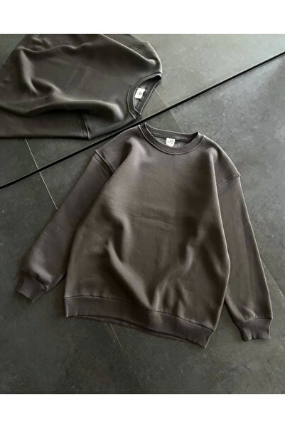 Zühre Smoke Colored Three Thread Winter Crew Neck Sweatshirt