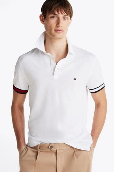 Tommy Hilfiger Flag Cuff Slim Polo Men's White T-Shirt Mw0Mw37518Ybr