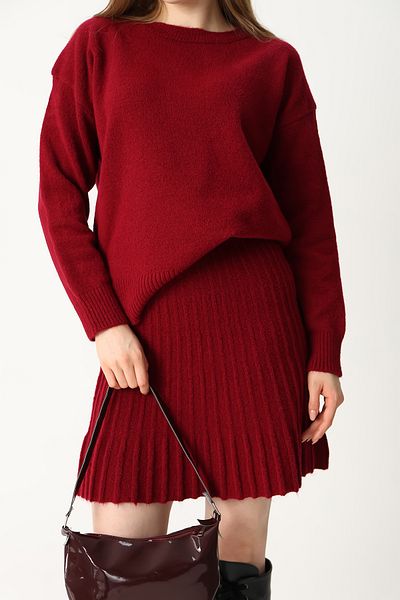 VEGENZE Γυναικείο Claret Red Soft Πουλόβερ Πλισέ Φούστα Διπλό Πλεκτό Σετ
