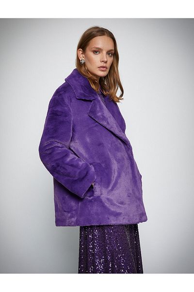 Koton Melis Ağazat X - Short Oversize Plush Coat with Pocket Wrap Design
