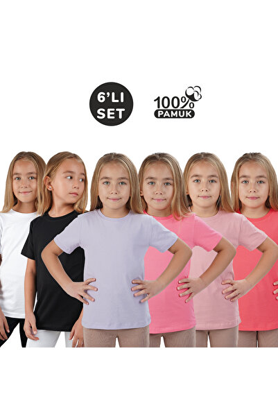 Lovella Set de 6 tricou sezonier din bumbac cu gât scurt și scurt (negru, alb...
