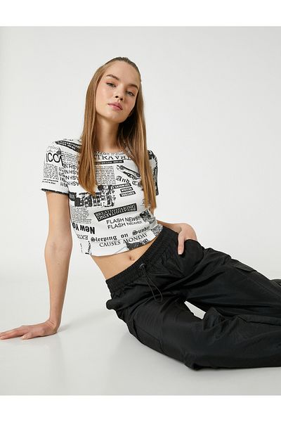 Koton Crop T-Shirt Printed Crew Neck Short Sleeve Cotton