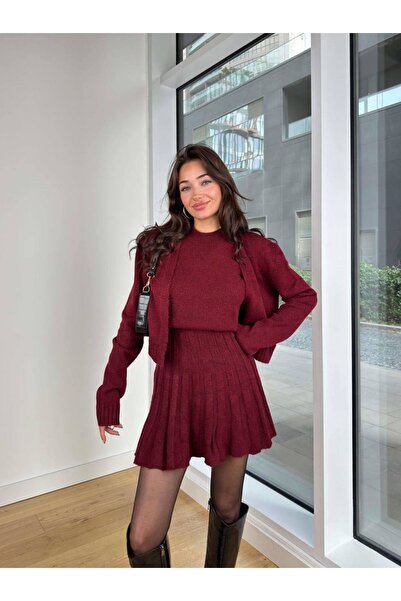 ZF BUTİK Nulla ujjú blúz-kardigán-redős szoknya 3 részes kötött női kötöttáru szett