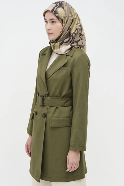 Tuğba Jacket with Buckle and Belt in Khaki Color