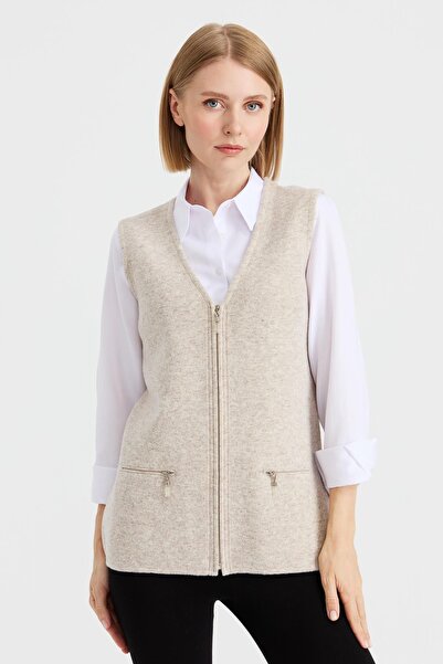 Desen Triko Dark Beige Steel Knit Pocket Zippered Plain Knitwear Vest