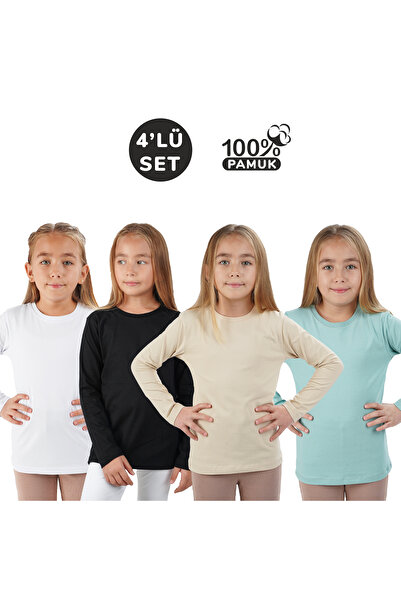 Lovella 4 lü Set Uzunkol Bisiklet Yaka Mevsimlik Pamuk Tişört Badi (Beyaz  Si...