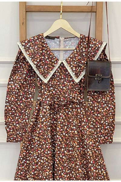 KÜÇÜĞÜM BUTİK Vintage Μεγάλος Γιακάς Καφέ Φλοράλ Φόρεμα Φαρδύ μακρυμάνικο