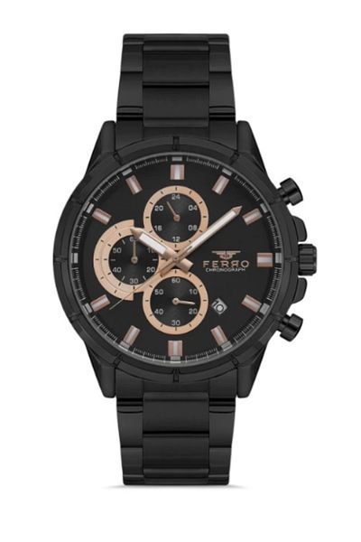 FERRO Black Color Function Sport Case Men's Wristwatch with Metal Band