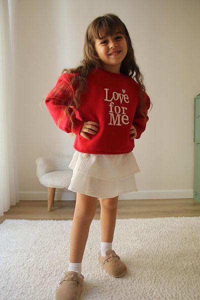 Minigimin Cicileri My Toddlers Love for Me Embroidered Sweat Skirt Girl's Suit - Red