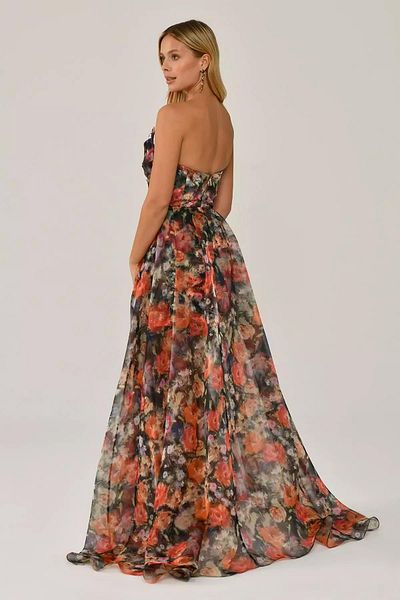 ALFABETA Strapless Patterned Evening Dress with Mini Skirt Inside