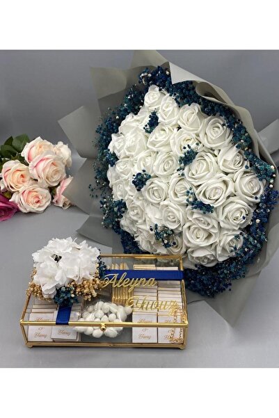 gifthomeshop İsteme Çiçeği, Çikolatası - Beyaz Gül Ve Mavi Kır Çiçeği Buketi...
