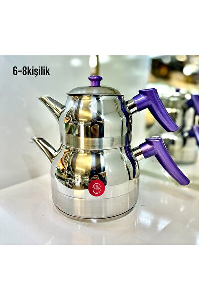 Tabibu Çelik Çaydanlık Takımı Lila Kulp Aile boy 6-8kişilik
