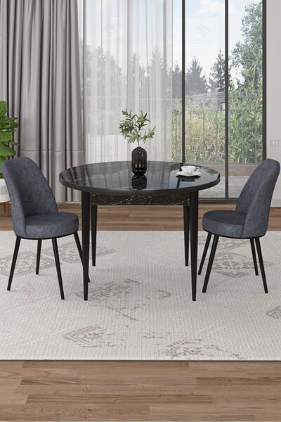 Canisa Tor Serisi Yuvarlak Siyah Mermer Desen Mutfak Masa Takımı Ve 2 Füme Sa...