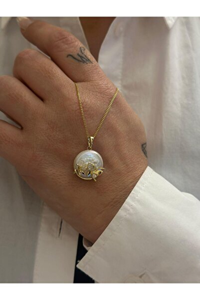 MyladyAccessoriess Kelebek Detay Sedef Taş Çelik Kolye