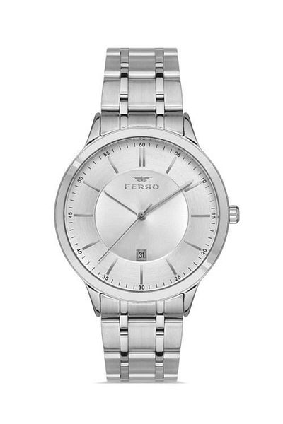 FERRO Silver Color Sport Case Men's Wristwatch with Metal Band