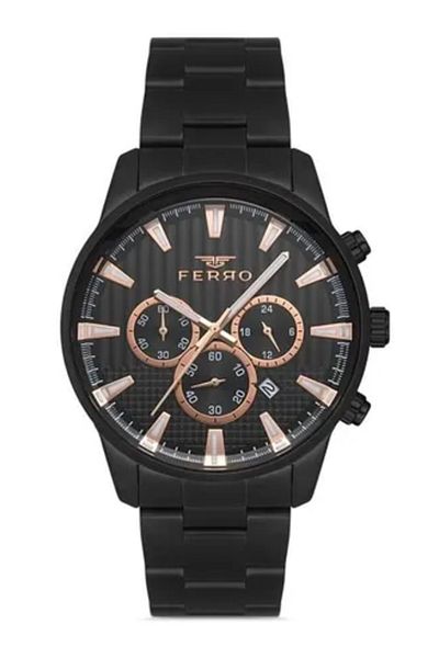 FERRO Black Color Function Sport Case Men's Wristwatch with Metal Band