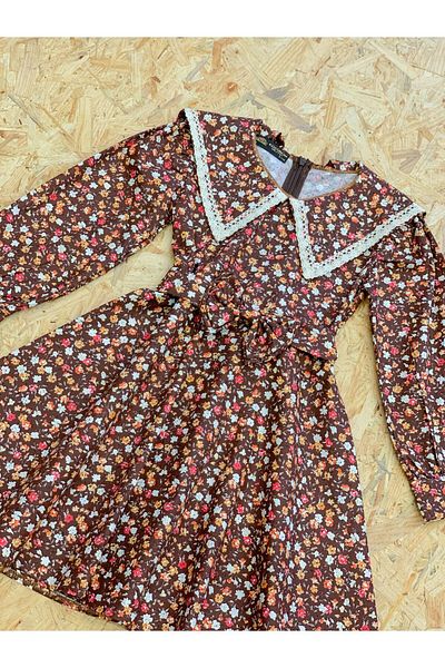 KÜÇÜĞÜM BUTİK Rochie de fetiță cu mâneci lungi, cu guler mare, maro, floral, evazat