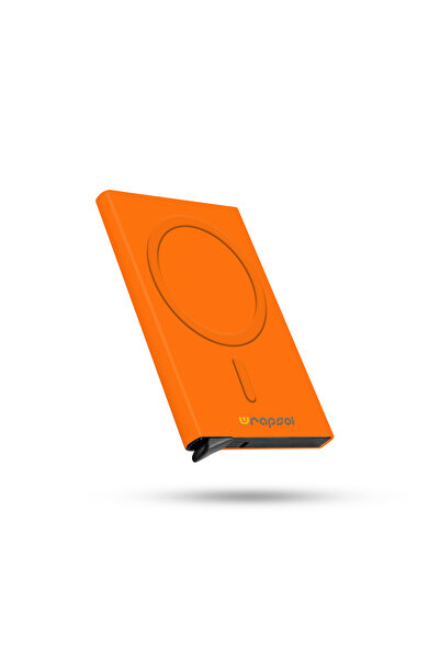 Wrapsol Magsafe Mekanizmalı Kartlık Rfid Korumalı Alüminyum Otomatik Kredi Kartlık Renkli Parlak Turuncu