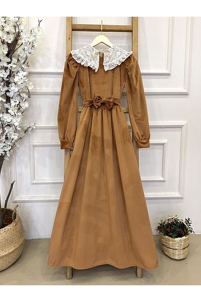 KÜÇÜĞÜM BUTİK Καφέ Κοτλέ Φόρεμα με Hijab Φορητό Δαντελένιο Γιακά (ΦΟΡΕΜΑ-ΓΚΟΥΛΑΡ)