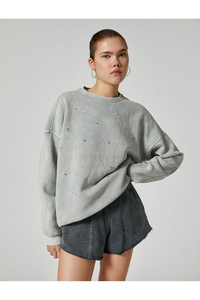 Koton Şardonlu Taşlı Sweatshirt Oversize Soluk Efektli Bisiklet Yaka Uzun Kollu
