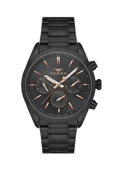 FERRO Black Color Function Sport Case Men's Wristwatch with Metal Band