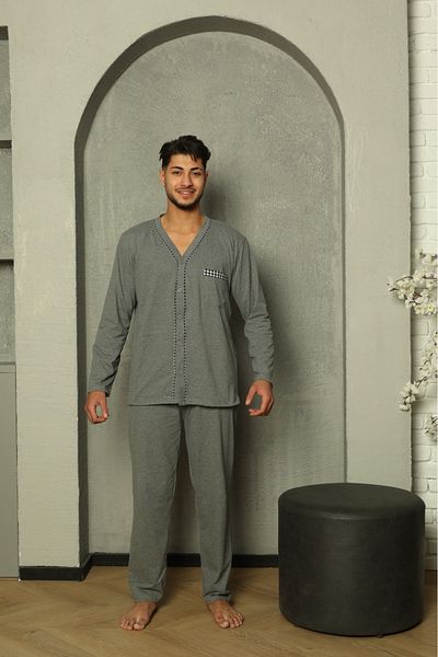 Huq Moda Σετ πιτζάμες Sude ανδρική ποπλίνα καπνιστή μακρυμάνικη χτενισμένη βαμβακερή πιτζάμα