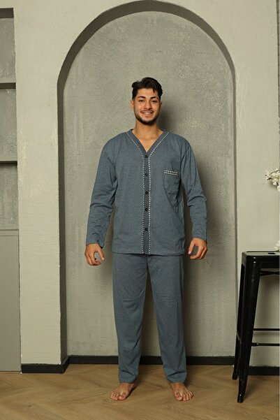 Huq Moda Sude Erkek Poplin Indigo Biyeli Uzun Kollu Boydan Düğmeli Penye Pijama Takımı
