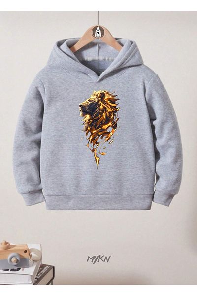 MYKN Grey Lion Printed Cotton Kids Sweatshirt Hoodie