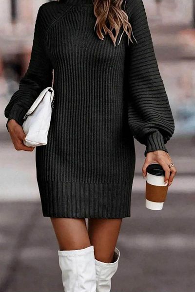 Deafox Rochie de damă neagră cu mânecă lungă din tricot cu gât rochie