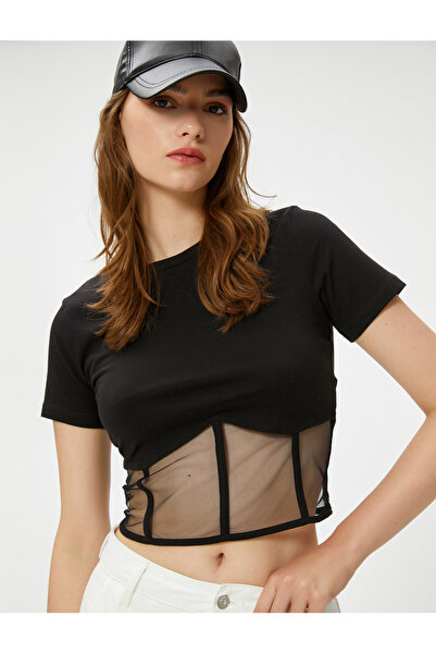 Koton Crop T-Shirt με λεπτομέρεια κορσέ και τούλι