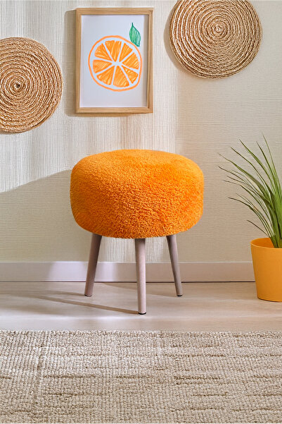 YAPKAR Gürgen Naturel Ahşap Ayak Turuncu Teddy Kumaş Pofidik Puf