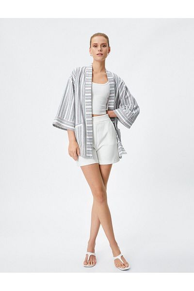 Koton Halbarmiger Kimono aus Leinenmischung mit Taschendetail