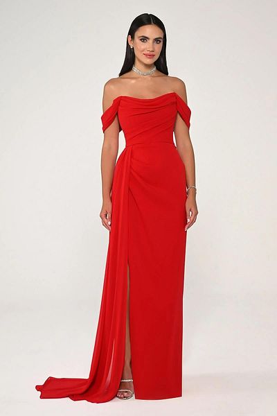 ALFABETA Long Chiffon Evening Dress - Off Shoulder and Side Slit Detail