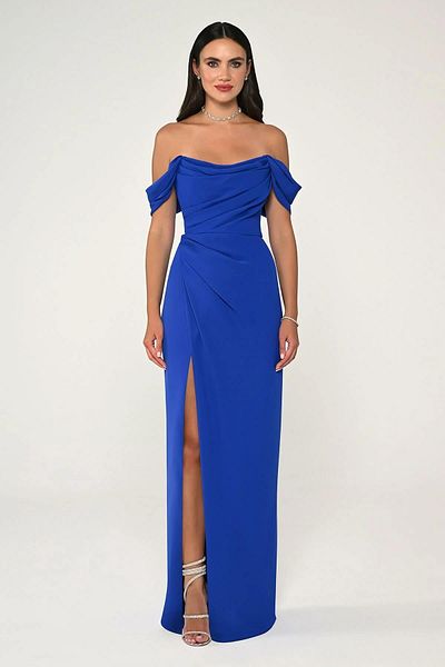 ALFABETA Long Crepe Evening Dress - Off-Shoulder and Side Slit Detail