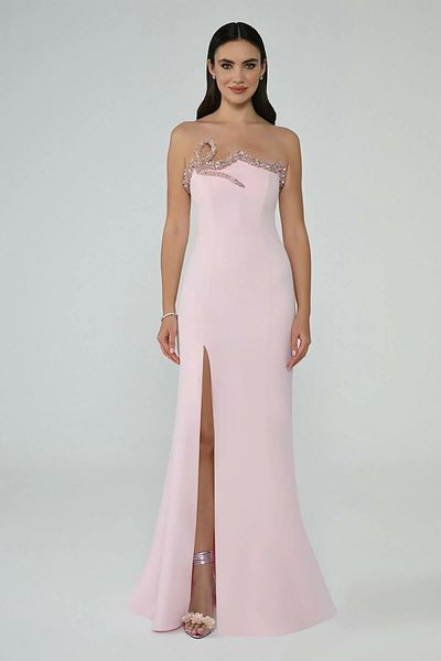 ALFABETA Asymmetrical Cut Strapless Long Dress with Stone Detail - Front Slit