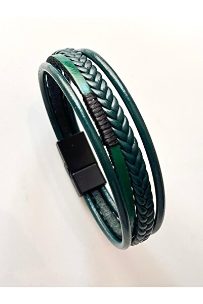 Bay hediye %100 Deri 4lü Kombin Yeşil Erkek Bileklik Boyut NET 20 cm (Türk El...