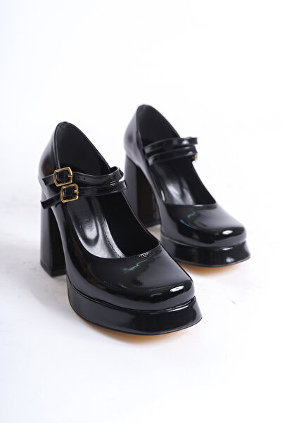 Redoxy Women's Special Double Buckle / Hard Hat Design Ankle Strap Black Patent Leather Platform Heeled Shoes