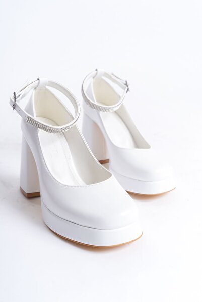 Redoxy Women's Special Stone-Embellished Ankle-Strap White Patent Leather Platform Heel Shoes / Wedding, Bridal Dress Shoes