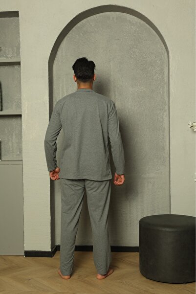 Huq Moda Sude Men's Poplin Smoked Trim Long Sleeve Button-Down Combed Cotton Pajamas Set