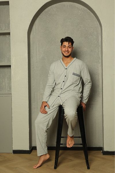 Huq Moda Σετ πιτζάμες Sude ανδρική ποπλίνα γκρι μακρυμάνικη χτενισμένη βαμβακερή πιτζάμες