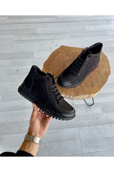 KALE Ανδρικά μαύρα Nubuck Suede Γνήσιο δέρμα Shearling χωρίς κορδόνια καθημερινά χειμερινά παπούτσια με φερμουάρ από καουτσούκ