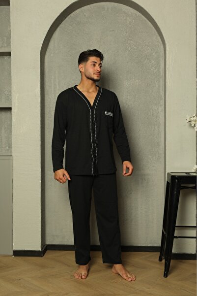 Huq Moda Sude Men's Poplin Black Ribbed Long Sleeve Button-Down Combed Cotton Pajamas Set