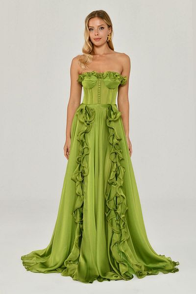 ALFABETA Strapless Dress with Flounce Back Tie on Chest and Skirt
