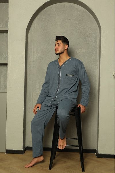 Huq Moda Σετ πιτζάμες Sude ανδρική ποπλίνα Indigo με μακρυμάνικο χτενισμένο βαμβακερό σετ πιτζάμες