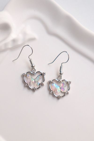 EFBUTİK White Holographic Butterfly Stone Imported Earrings