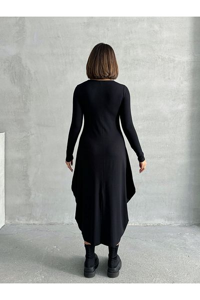 Look Forward Rochie neagră de damă, cu decolteu rotund, cu mânecă lungă, din viscoză