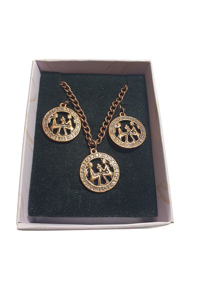 Ororabutik Copper Color 25mm Gemini Sign Figured Necklace and Earring Set